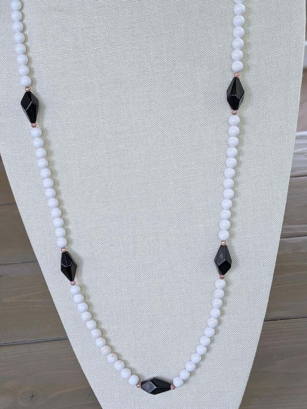 Vintage Long White & Black Beaded Necklace | Geometric Statement Beads